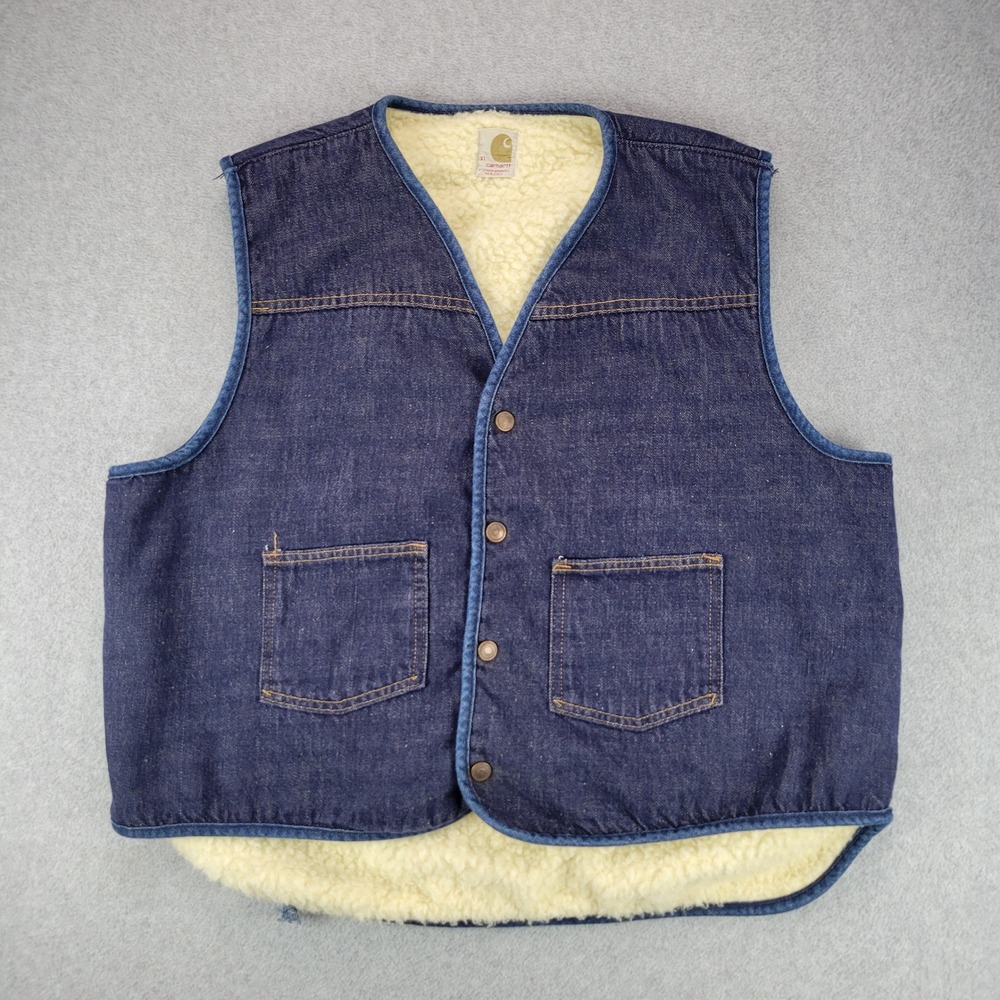 Carhartt Denim Vest Mens XL Blue 70s Sherpa Lined Vintage Workwear Snap Front